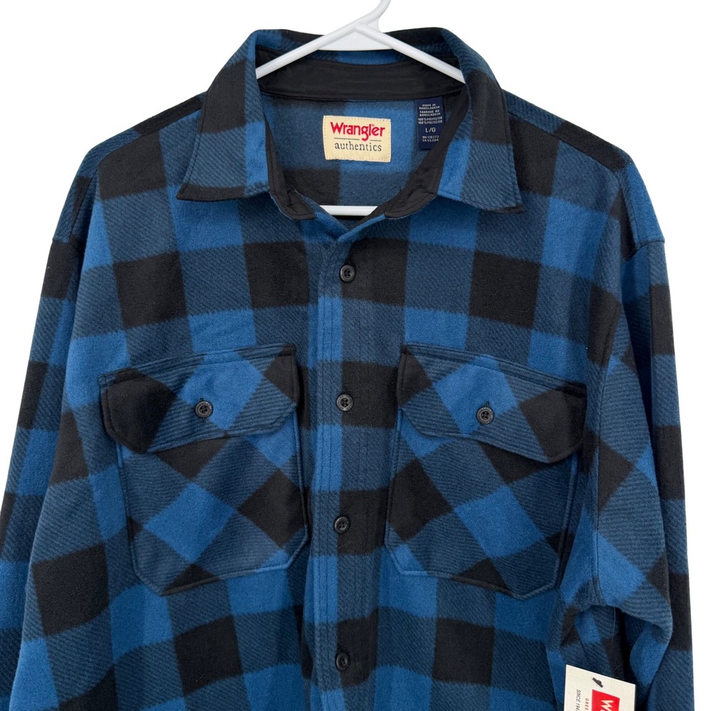 Wrangler Fleece Shirt Mens L Blue Black Buffalo Plaid Long Sleeve NWT Gorpcore